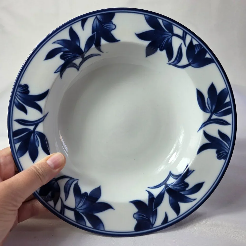 ONE Pier 1 Ming Rim Soup Bowl White with Blue Leaves and Flowers